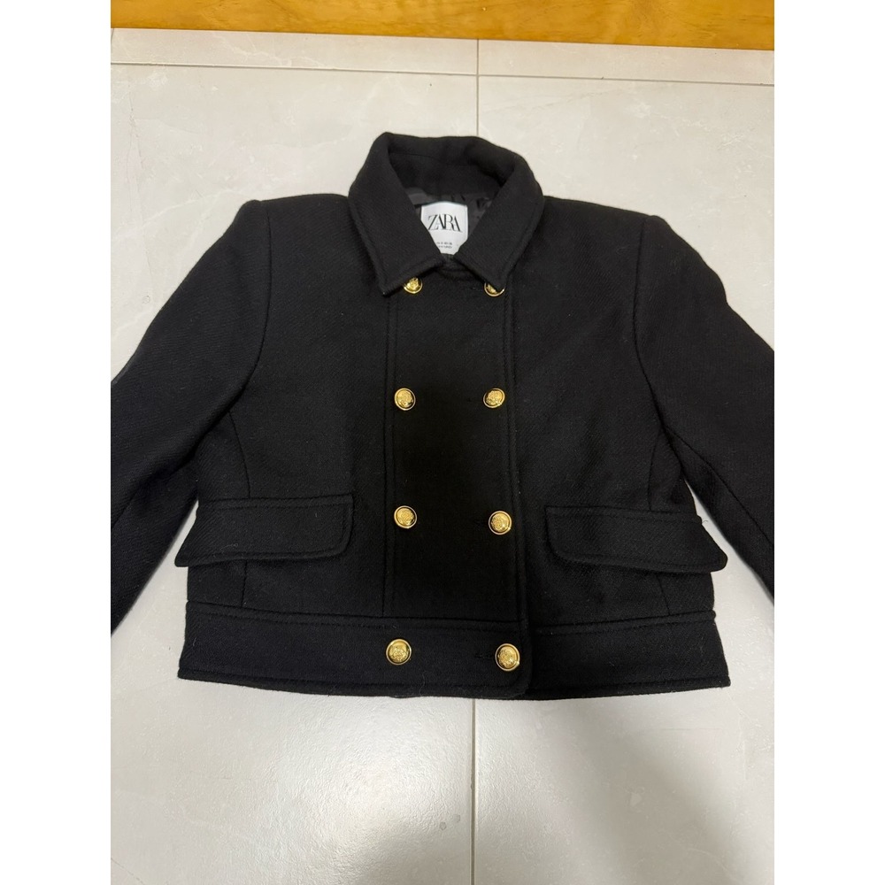 Zara Women Black Cropped Double Breasted Gold Crest Button Jacket Coat S AS IS